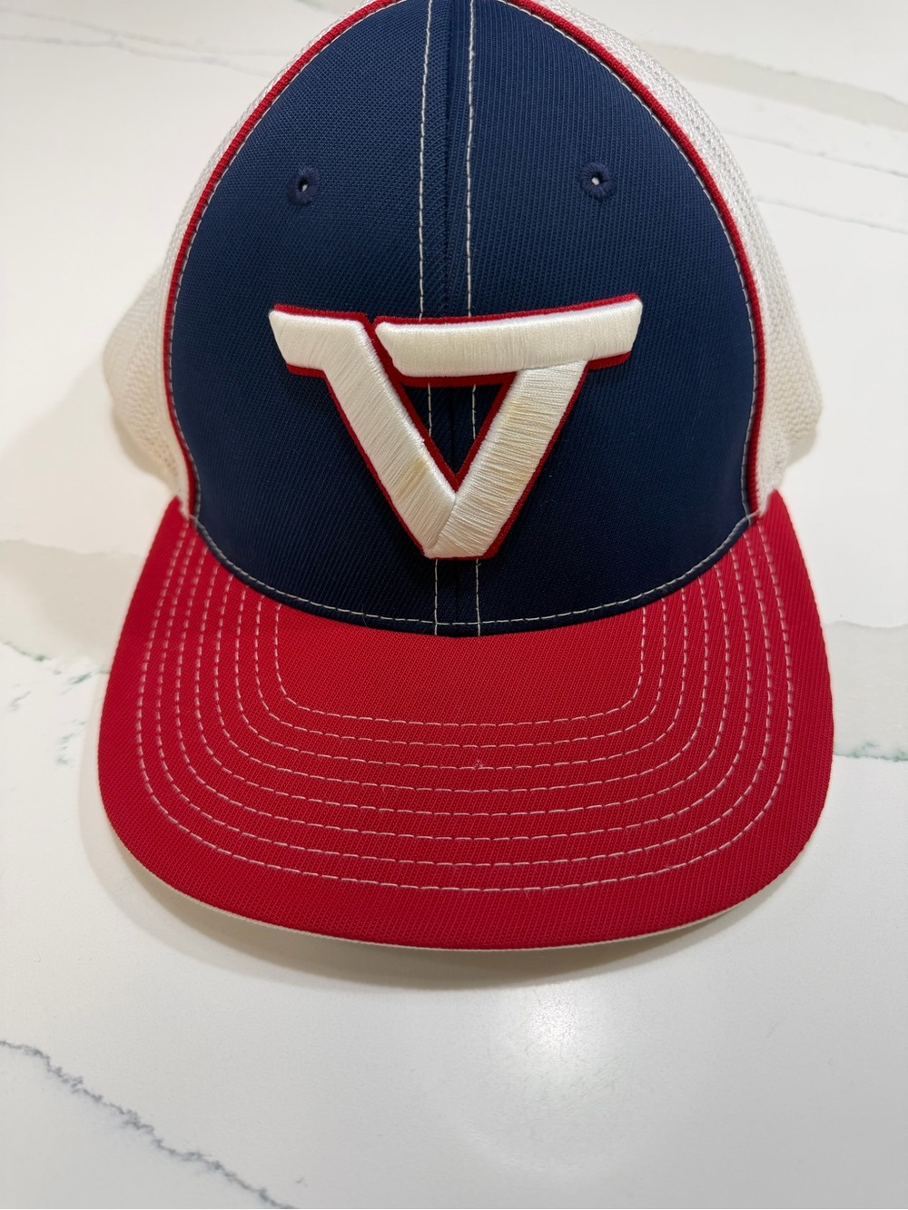 Pacifica Vanderbilt Cap Navy, Red & White Trucker Hat with Raised V Patch